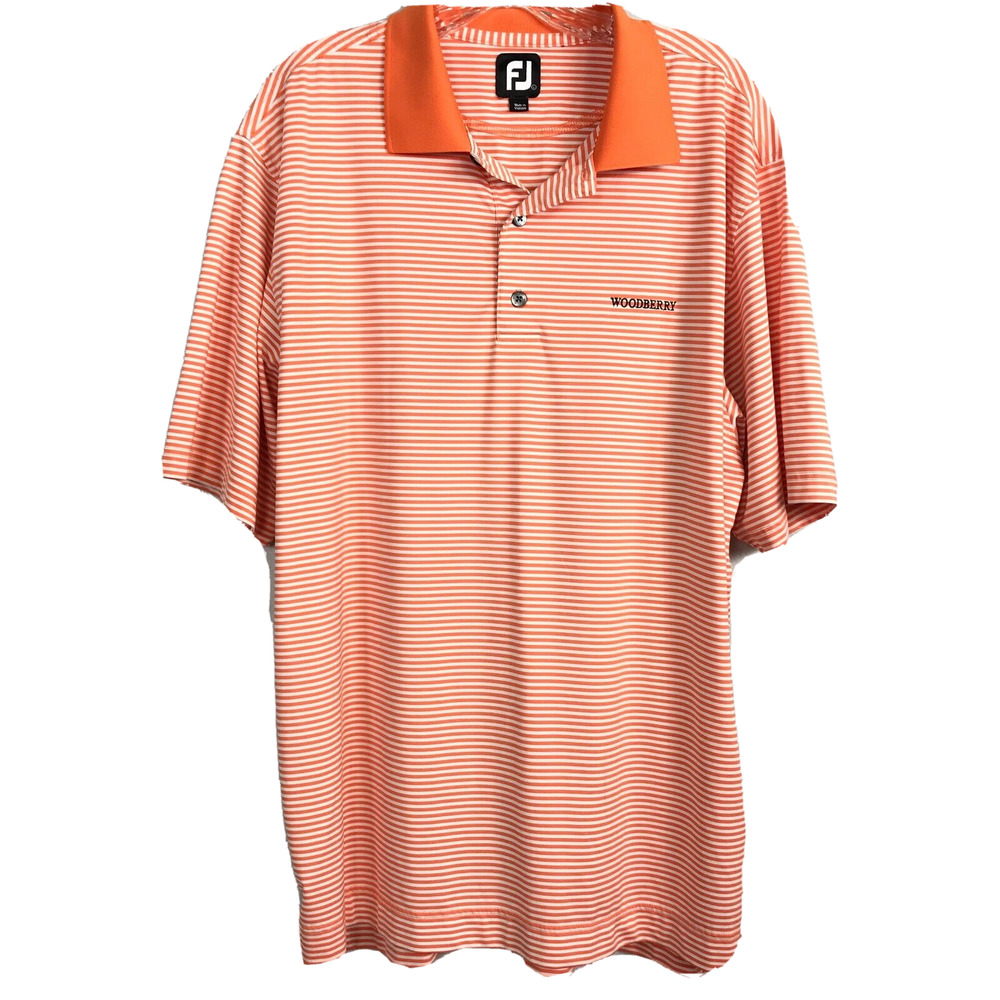 FJ FootJoy Shirt Mens Sz L Orange White Striped Golf Polo Logo "Woodberry" Logo‎